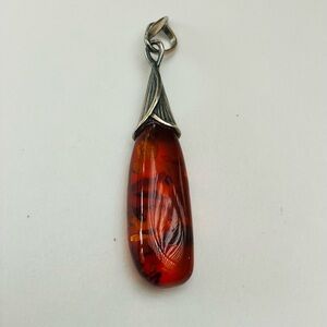 Vintage Amber Sterling Silver Cala Lily Design Pendant